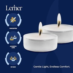 Lerner Tealight Candles|s Long-Burning White Tea Light 50 Count 4.5 Hour