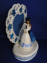 New Medium Dark skin Bride & Groom Wedding CakeTop, blue decor & heart, #336