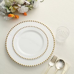 WHITE GOLD 10 Round 10″ Plastic Salad PLATES Beaded Rim Party Events Decorations