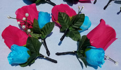 Wedding Bouquet Set – Black, Bright Pink, Turquoise Rose Flowers – 26 pieces