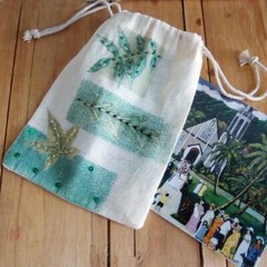 Beaded Embellished 5″ x 7″ Printed Reusable Gift Pouches Drawstring Cotton Bags