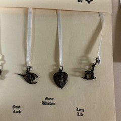 Vintage Silver Wedding Cake Pulls, 6 Charms + Ribbons on card