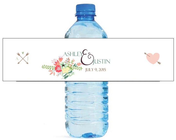 100 Wreath Floral Heart & Arrows Wedding Anniversary Water bottle labels