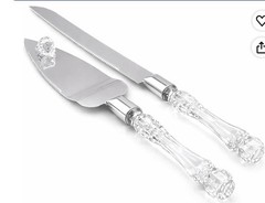 Adorox Cake Knife & Server Set 2pc Stainless Steel Crystal Handle Silver/Clear
