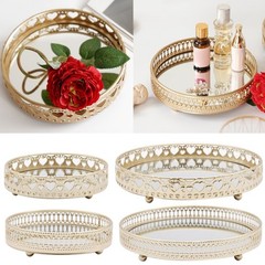 Nordic Metal Mirror Tray Round Plate Desktop Jewelry Storage Organizer