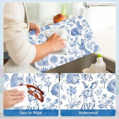 6 Pcs Blue White Easter Placemats Set Plastic Place Mat Retro Bunny Rabbit