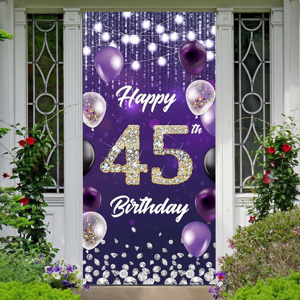 Happy 45th Birthday Backdrop Banner Purple Theme Background with Shiny Diamon…