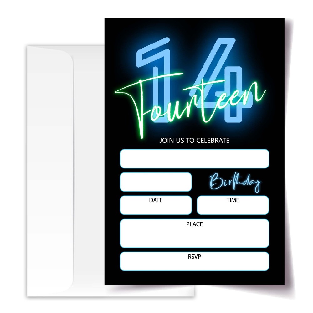 Neon Glow 14th Birthday Invitations 4×6 20 Cards with 20 Envelopes for Boys A…