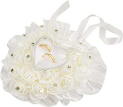 White Wedding Ring Holder Pillow Heart Shape Lace Rose Flower Rhinestone Crys…