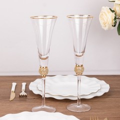 6 CLEAR Champagne Flute Glasses 6oz Gold Rim Design with Studded Rhinestones