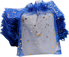 100Pcs 5X7 Inches Sheer Drawstring Organza Bags Stars and Moon Wedding Party Fav