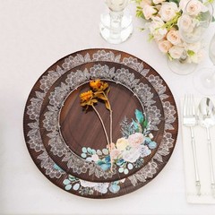 25 BROWN 8″ Wood Print Paper Dessert PLATES Floral Lace Rim Party Decorations