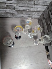 Set Lot of 5 Hand Painted Art 7.25″ Glass Champagne Flutes Wedding People Larry