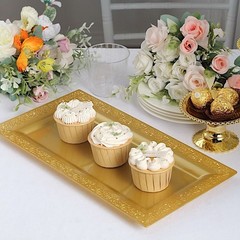 Gold 4 Plastic 14″ Rectangle Serving Trays Lace Print Rim Design Party Events