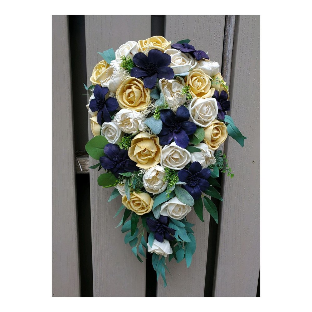 Navy Blue Lily Yellow Bridal Bouquet Cascading Sola Wood Natural Wedding Flowers