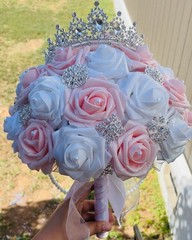 Artificial Pink & White Rose Wedding Bouquet with Tiara & Rhinestones