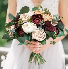 Peach Burgundy Bridal Bouquet Sola Wood Orange Rose Artificial Wedding Flowers