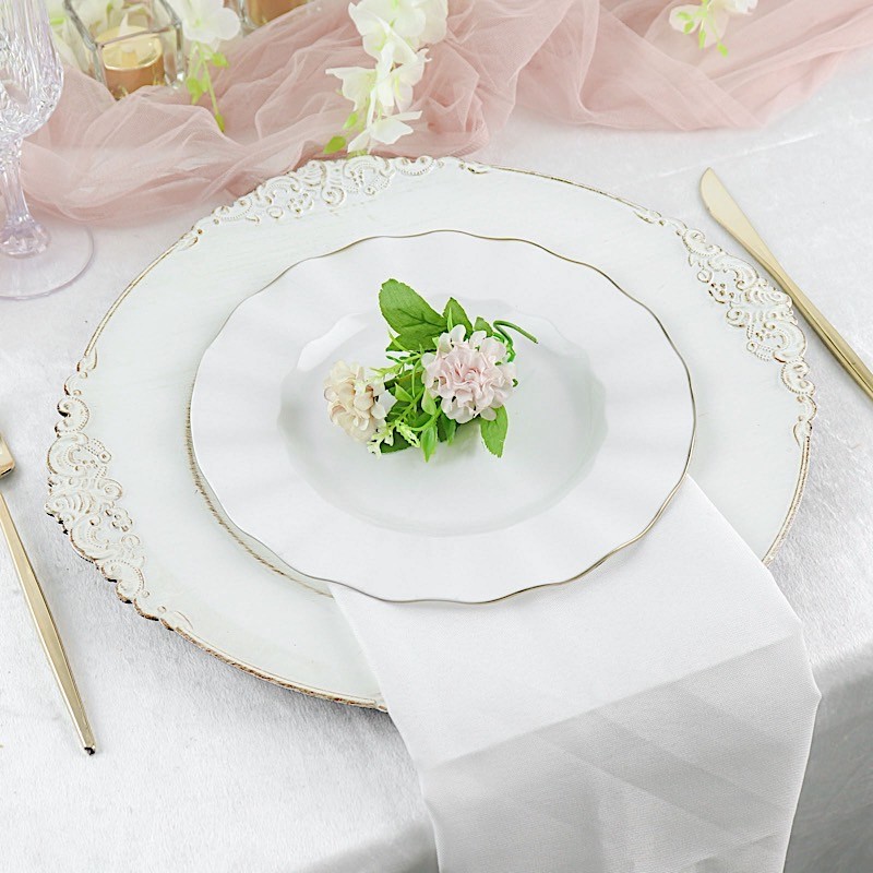 10 WHITE 9″ Round PLASTIC Salad Dinner PLATES Gold Wavy Rim Wedding Party