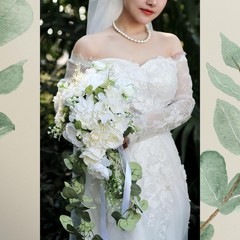 10″ White Rose Bridal Bouquet – Silk Flower Cascading Wedding Decor, Ivory Sage