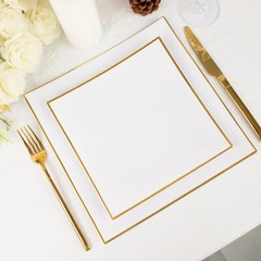 10 WHITE 8″ Square Concave Plastic Salad Dinner PLATES Gold Rim Party Events