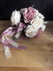 Bridal Bouquet Pink Cream Roses Lace Ribbon Shabby Chic Wedding Decor Prop