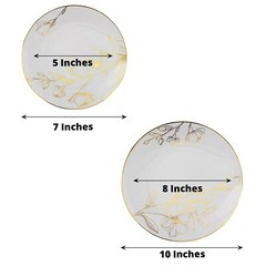 20 Round WHITE Plastic Salad Dinner PLATES Gold Floral Design Party Decorations