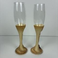 Wedding Toasting Set: 2 Gold Heart Champagne Flutes + Cake Topper + Boot Shots