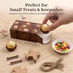 Vintage Travel-Themed Mini Favor Box Set – 50 Kraft Paper Suitcases for Events