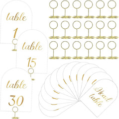 White and Gold Table Numbers 1-30 with Head Table Number Card and Holders, 5 X 7