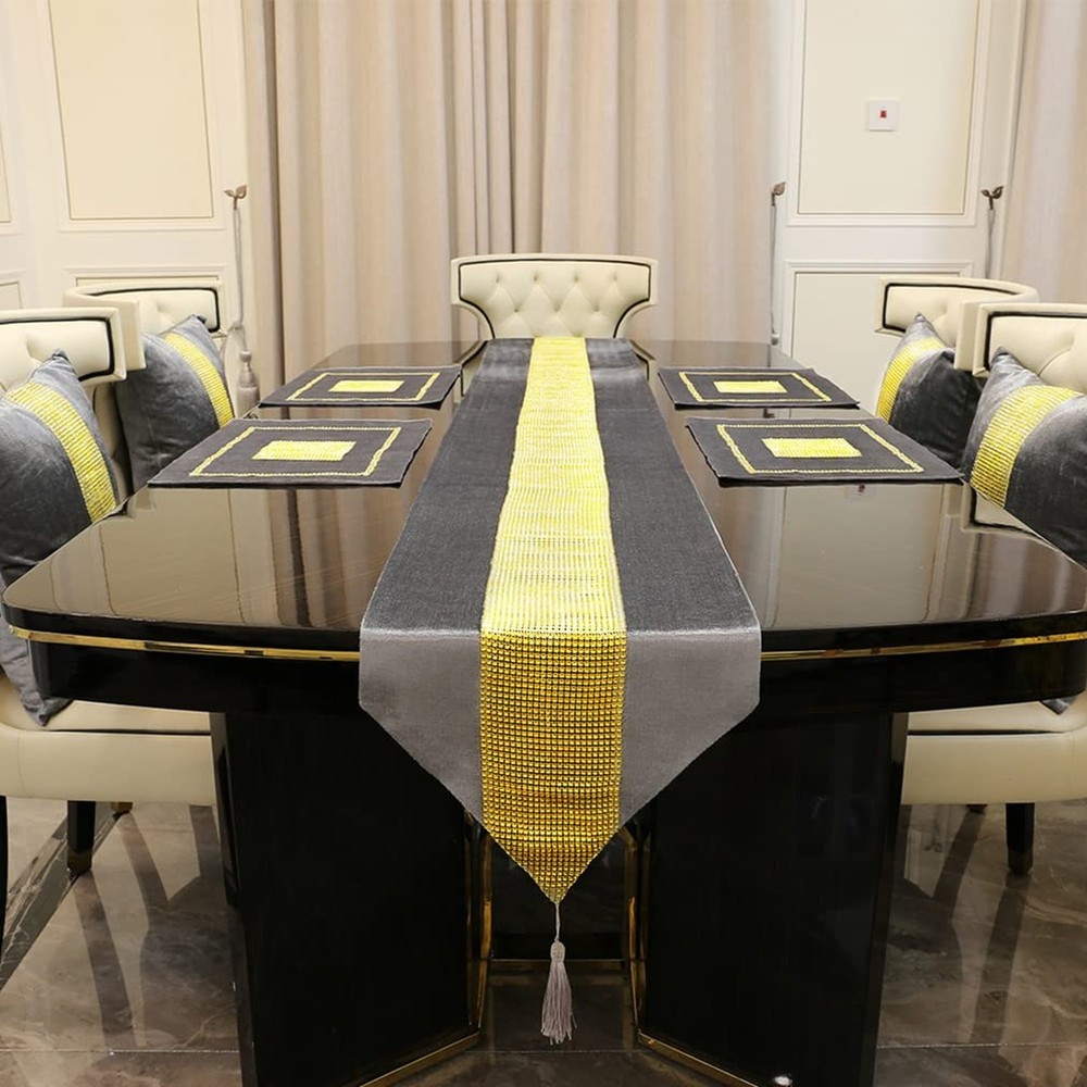 Gold Sequin Rhinestone Table Runner with Handmade Tassel, 13×84-inch, Gray