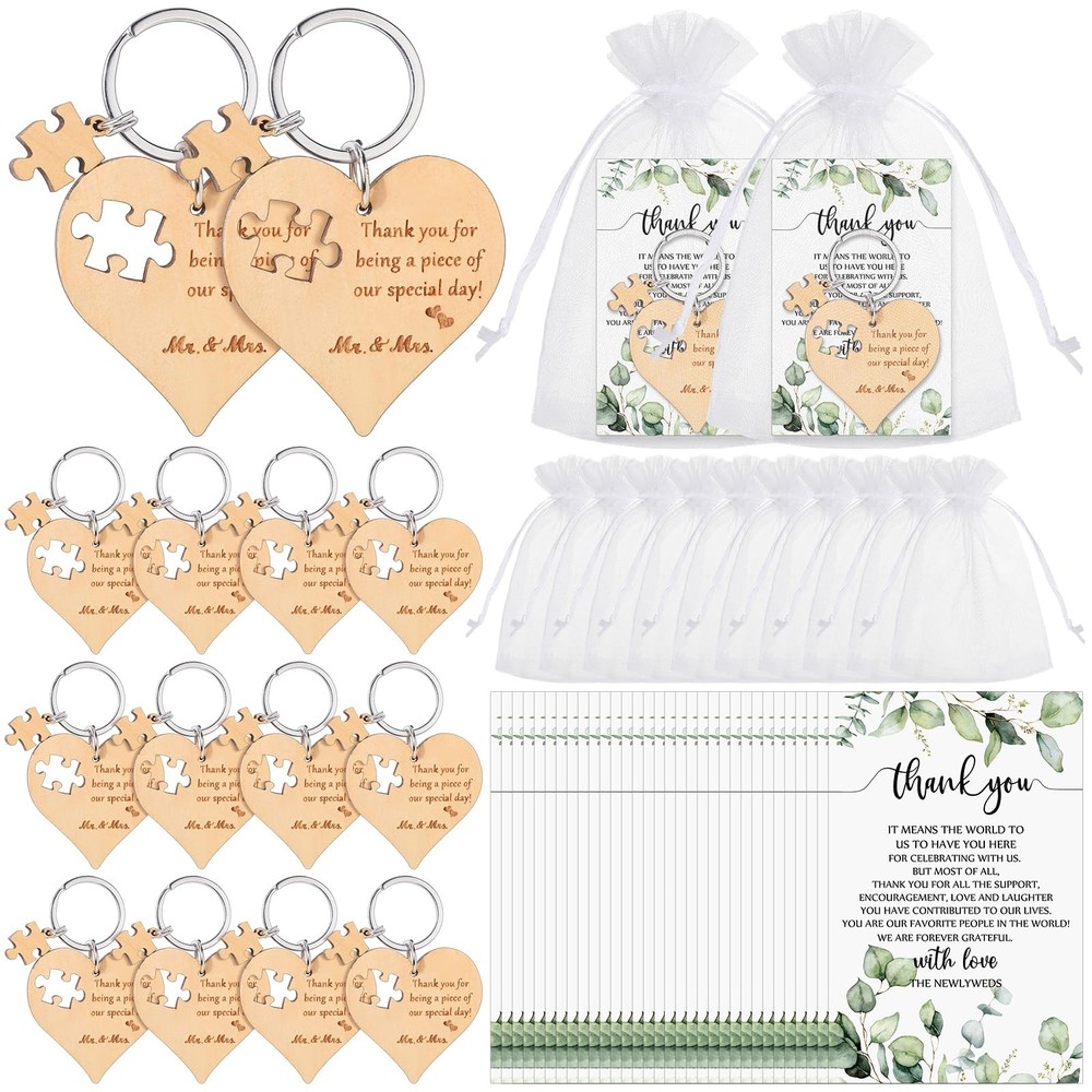 Ecation Wedding Favors for Guests Wood Heart Puzzle Keychains Thank You Cards