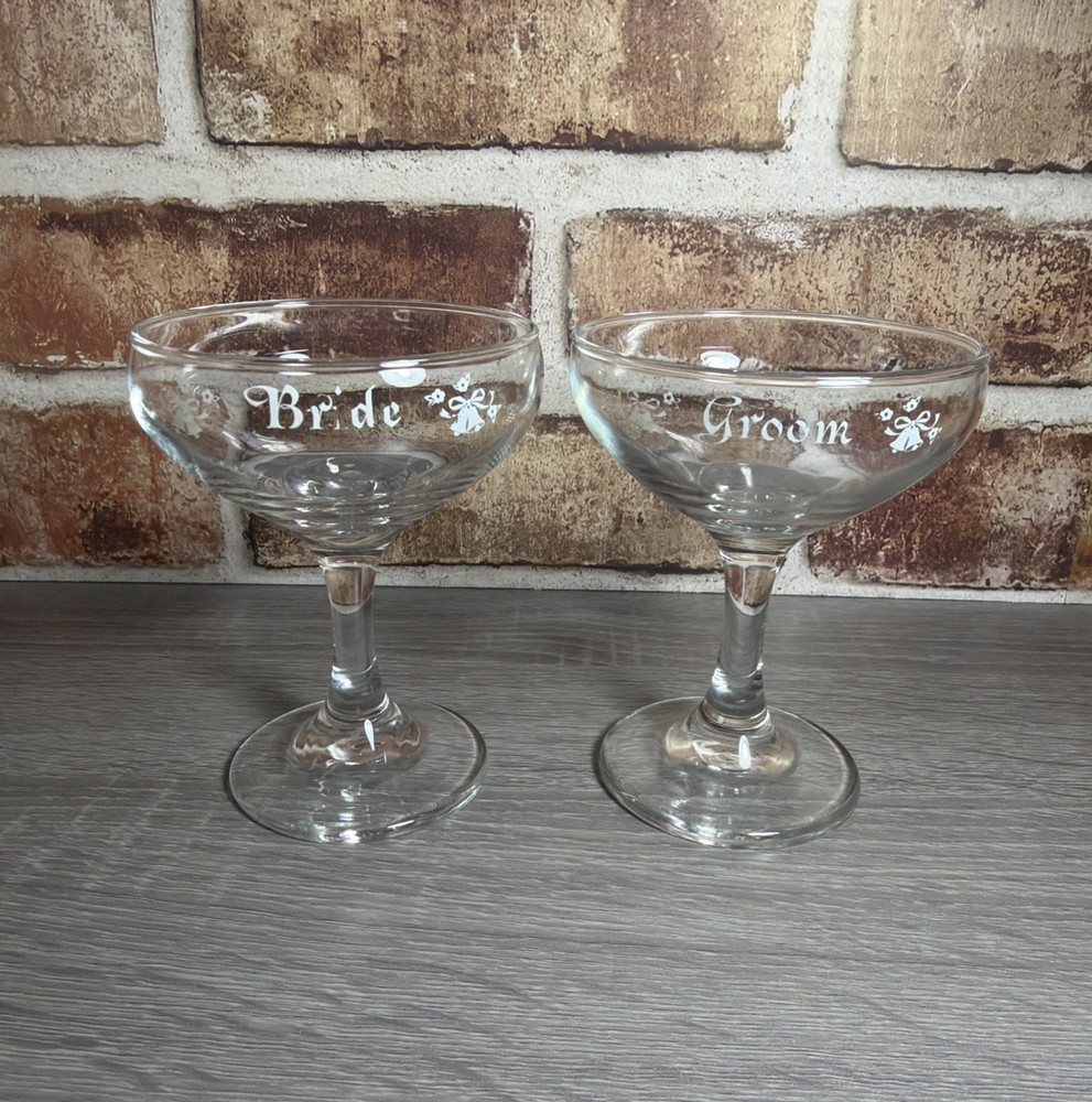 Vintage 70s Bride & Groom Champagne Wine Wedding Toast Glasses Couple Set of 2