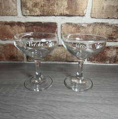 Vintage 70s Bride & Groom Champagne Wine Wedding Toast Glasses Couple Set of 2