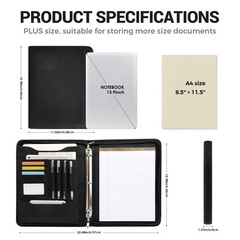 Faux Leather Zippered Padfolio with 3 Ring Binder, Executive Portfolio Organi…