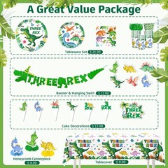 Three Rex Birthday Decorations Boy – 187 Pieces Set for 25 Guests, Includes T…