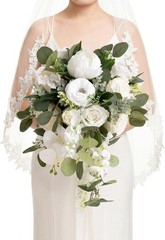 White Bridal Bouquet Cascading, White Wedding Bouquets for Bride, 13 Inch Ivo…