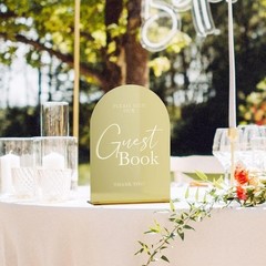 Gold Acrylic Wedding Guest Book Sign W/ Base Rustic Table Decor 5×7 inches New