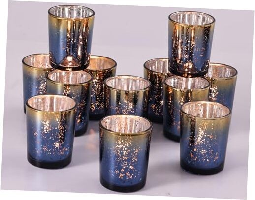 Navy Votive Candle Holders Set of 12, Speckles Mercury Glass Navy Blue+gold