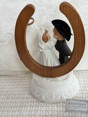 Western Wedding Cake Topper Groom In Cowboy Hat Bride w Lucky Horseshoe