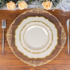 10 TAUPE 8″ Round Plastic Dinner Plates GOLD Scalloped Rim Events Wedding