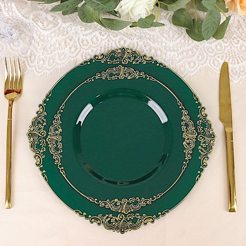 10 HUNTER GREEN GOLD 8″ Round Plastic Salad Dinner PLATES Embossed Baroque Rim