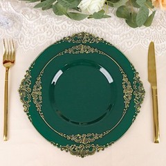 10 HUNTER GREEN GOLD 8″ Round Plastic Salad Dinner PLATES Embossed Baroque Rim