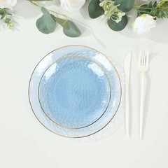TRANSPARENT DUSTY BLUE 10 Glossy 8″ Round Plastic Salad PLATES GOLD Rim Party