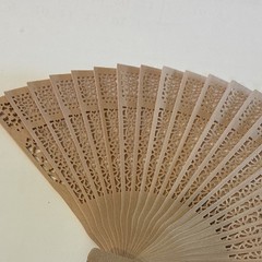 Beige Wood Folding Hand Fan Floral Lace Cutout w/ White Organza Bag Wedding