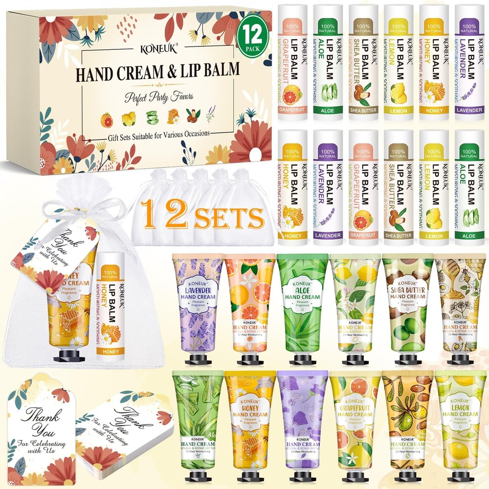 12 Pack Bulk Hand Cream and Lip Balm Set, Gifts for 1 Fl Oz (Pack of 12)