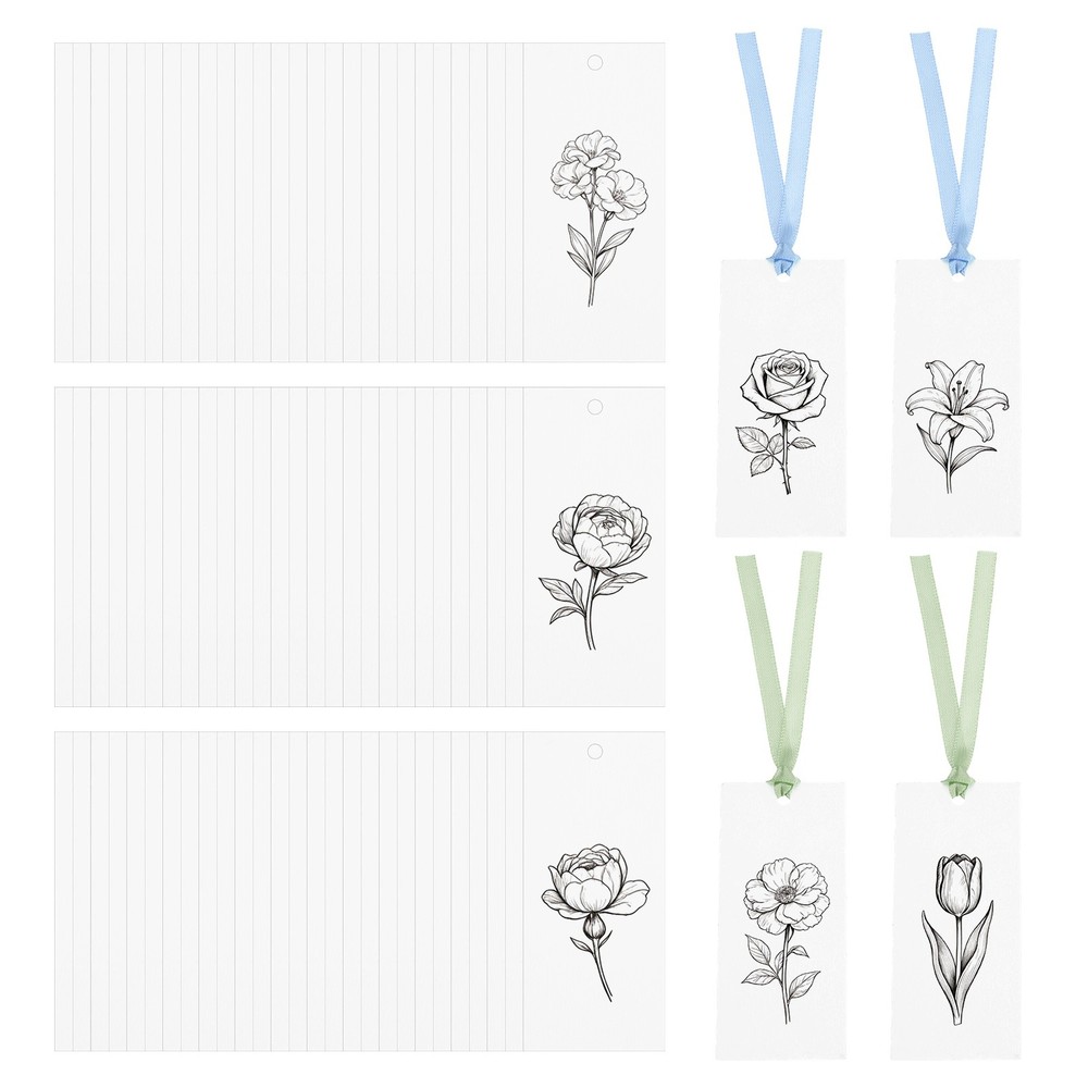 100Pack Blank Place Card with Blue & Green Ribbon, 3.54 x 1.57 Inch, White