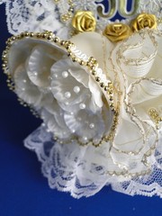 New 50th Wedding Anniversary Cake topper with Bells, Cherub Lace & Gold Beads #7