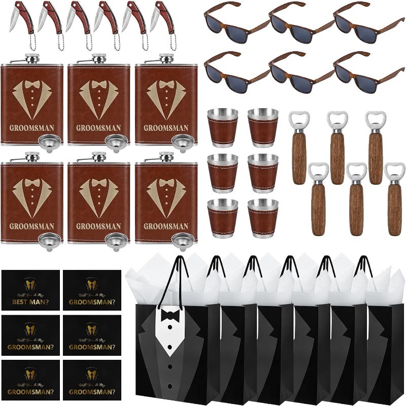 55 Pcs Groomsmen Proposal Gifts Including Empty Flasks Funnels Cocktail Glasses