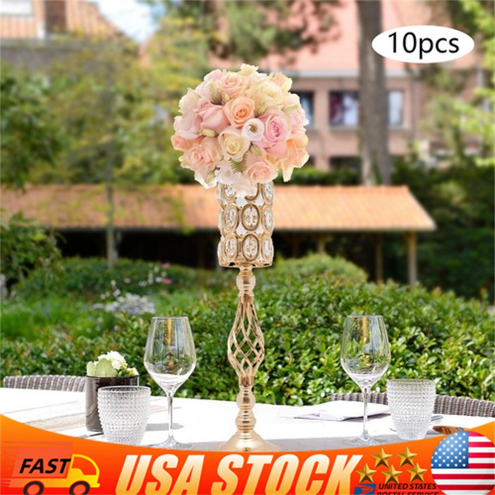 10pc 24″ Tall Gold Iron Crystal Beaded Vases Wedding Party Centerpieces Supplies