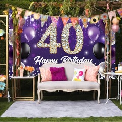 Large Happy 40th Birthday Backdrop Banner Purple Theme Decor With Shiny Diamo…